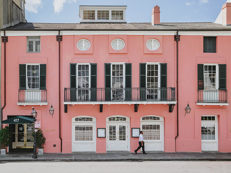 Outside pink facade of Brennan's Restaurant on Royal Street